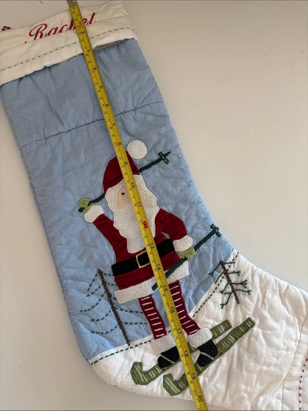Pottery Barn “Rachel” Embroidered Santa Ski Holiday Stocking - Light Blue & Red